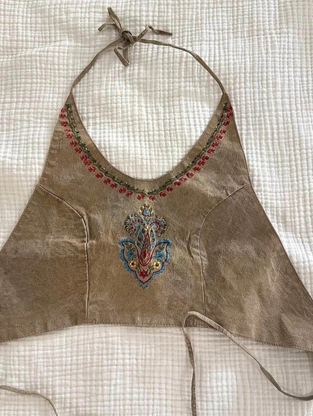 Y2K western boho Embroidered Leather Halter Camisole in Brown Size Medium